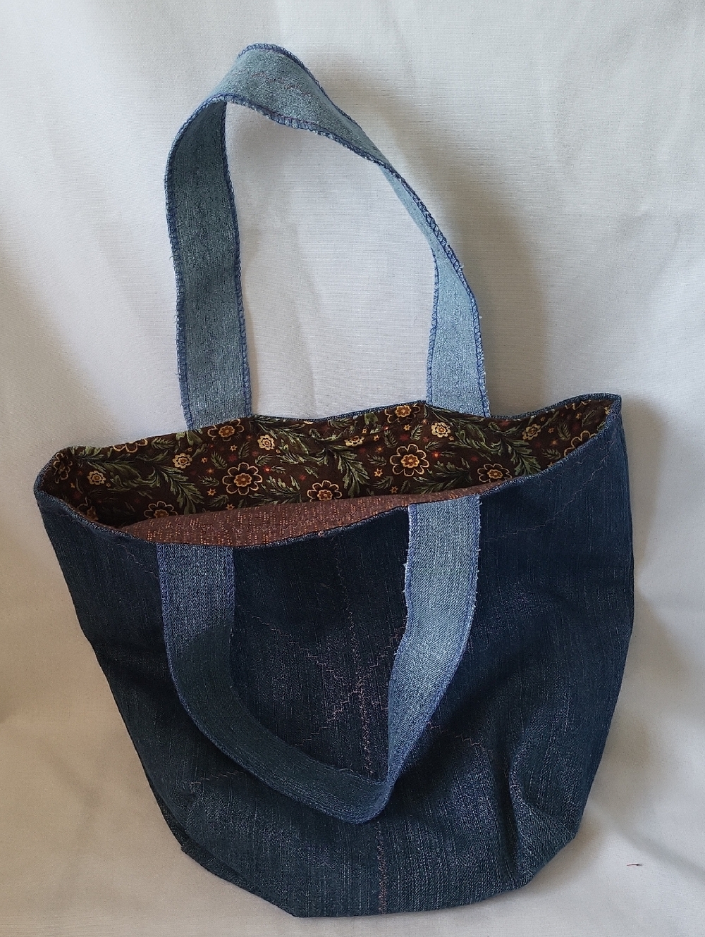 Upcycled Homemade Dark Blue Denim Tote Bag with Floral Lining
